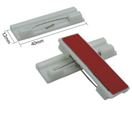 A front closing pin is showcased with the dimensions 12mm by 40 mm beside it. Two other interlocking pins are displayed, so one shows off the red tape covering the adhesive backing.