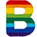 This patch is the letter B in bold font. It is coloured by descending rainbow stripes.