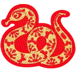 A gold snake with a red outline and floral details on its body.