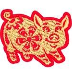 A gold pig in a red outline and detailing.