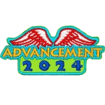 The word Advancement and the number 2024 are under a pair of white wings.