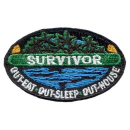 The word Survivor is across palm trees and a body of water. The words Out-Eat, Out-Sleep and Out-House are in an arc on the bottom.