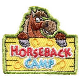 A smiling cartoon horse is above a sign that reads Horseback Camp.