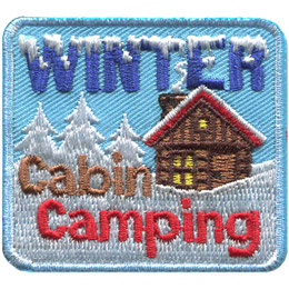 The words Winter Cabin Camping surround a red-roofed cabin in a snowy landscape. 