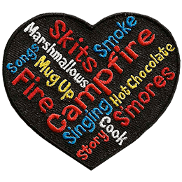 A wordle in the shape of a heart. It has campfire-related words, such as smoke, songs and cook.