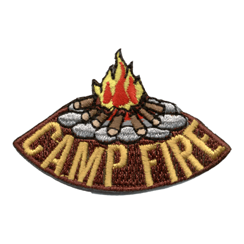 A campfire sits in the center of a ring of stones. The words Camp Fire are in an arch around the bottom.