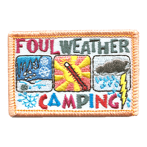 Three boxes display snowy, hot, and rainy weather. The words Foul Weather Camping are stitched above and below.