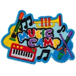 The words Music Camp are surrounded by music notes, a guitar, a trumpet, a keyboard and a violin.