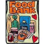 The words Food Bank are above a group of nonperishables and two red hearts.