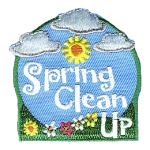 The words Spring Clean Up are surrounded by a blue sky, white clouds and blooming flowers.