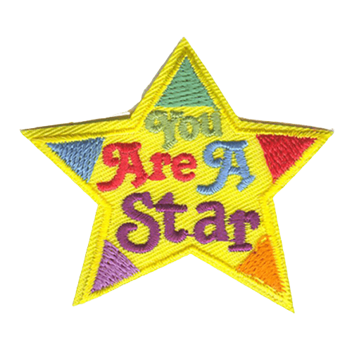 You Are A Star is stitched inside of a gold star. The letters match the corners of the stars; green, red, blue, purple and orange.