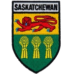The word Saskatchewan is above the Saskatchewan provincial flag in the shape of a shield. 