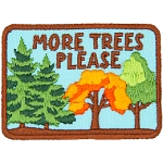 Four trees stand proudly next to each other underneath the words More Trees Please.