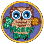A brown owl holds paper money and a coin.