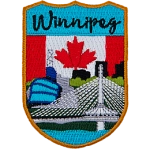 The word Winnipeg is above the Esplanade Riel, a famous bridge in Winnipeg. The Canadian flag replaces the sky.