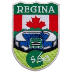 Regina is stitched above a football stadium and green helmet. The Canadian flag replaces the sky.