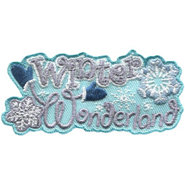 The words Winter Wonderland are stacked on top of each other. The W in Wonderland has arms with mittens on them. A snowflake sits on the bottom left, top right, and center-right of this crest.