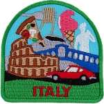 This badge has symbols of Italy, including pizza, gelato and pasta.