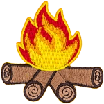 A campfire with yellow, orange and red flames and four logs of wood.