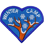A snow-covered tree branch. The words Winter Camp are embroidered above them.