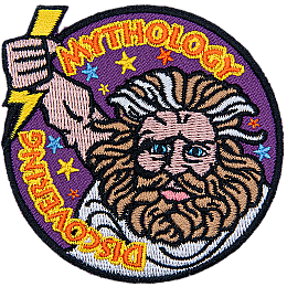 Zeus holds a thunderbolt on this circular crest with the words Discovering Mythology in gold.