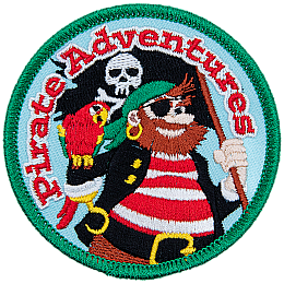 A parrot perches on a pirate's arm as he waves the jolly roger flag. The words Pirate Adventures are around his head.