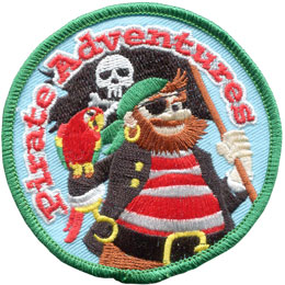 A parrot perches on a pirate's arm as he waved the jolly roger flag on this pirate themed crest.