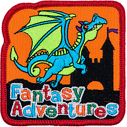 A dragon flies in front of a castle on this Fantasy Adventures challenge kit patch.