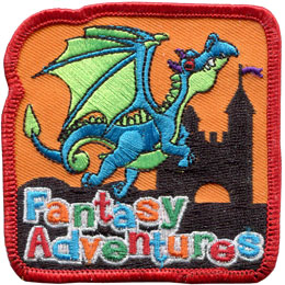 A dragon flies in front of a castle on this Fantasy Adventures challenge kit patch.
