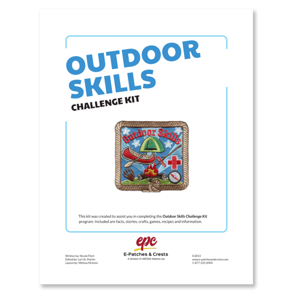 The front cover of the Outdoor Skills Challenge Kit. The title is in the top left corner, the patch is displayed in the center, and our company's logo is at the bottom.