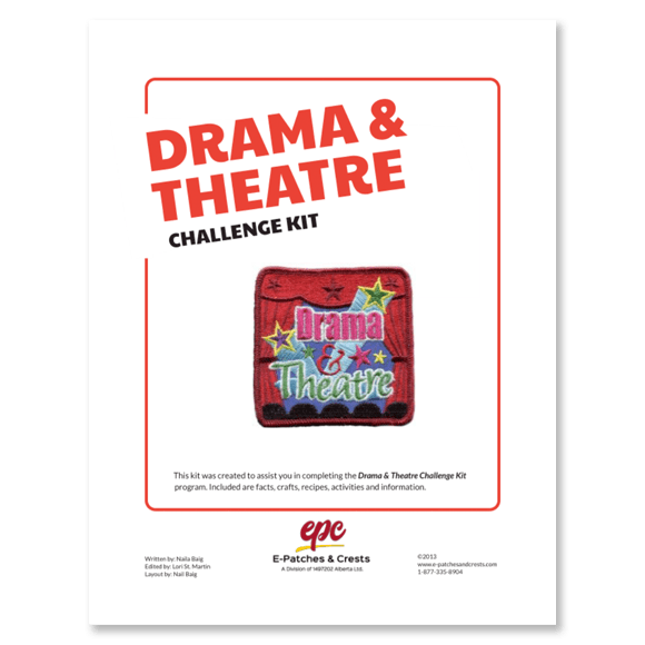 This image depicts the front cover of the Drama & Theatre Challenge Kit. The title is in the top left corner, the patch is displayed in the center, and our company's logo is at the bottom.