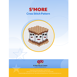 This PDF booklet has a cross-stitched image of three happy marshmallows squished between chocolate and gram crackers on the cover.
