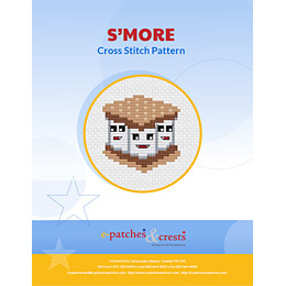 This PDF booklet has a cross stitched image of three happy marshmallows squished between chocolate and gram crackers on the cover.
