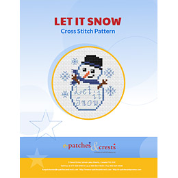 This PDF booklet has a cross stitched Snowman with a scarf and top hat on the cover. Snowflakes fall around the snowman and the words 'Let It Snow' are embroidered in the big ball of the snowman's body.