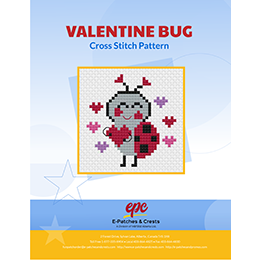 This PDF booklet has a cross-stitched Ladybug holding a heart on the cover. The ladybug has hearts surrounding her.