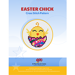 This PDF booklet has a newly hatched, cross-stitched chick on the cover. The egg the chick is hatching from is brightly dyed in Easter colours.
