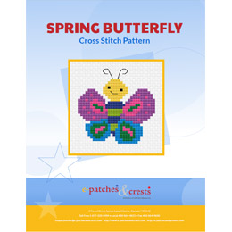 This PDF booklet has a cross stitched butterfly on the cover. The butterfly is decorated in spring colours of purple, pink, green, and blue.