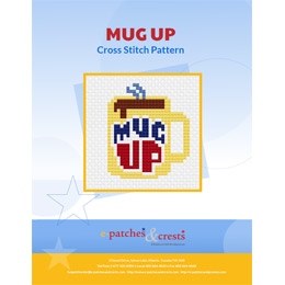 This PDF booklet has a cross-stitched mug filled with steaming dark liquid on the cover. The mug has the words 'Mug Up' on it.