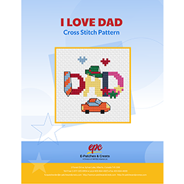 A cross-stitch pattern with two hears above the word DAD and a red car below.