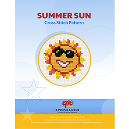 This PDF booklet has a cross-stitched sun wearing sunglasses on the cover. The sun has alternating flames of yellow and orange colour coming out from the center circle.