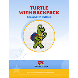 This PDF booklet has a cross-stitched turtle, wearing a backpack as he walks to school, on the cover.