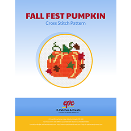 This PDF booklet has a cross-stitched pumpkin surrounded by green, brown and red falling leaves on the cover.