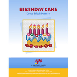 This PDF booklet has a cross-stitched Birthday Cake on the cover. Five lit candles stand proudly on top of the cake.