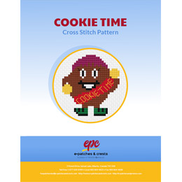 This PDF booklet has a cross-stitched cookie wearing a guiding sash with its arm raised.