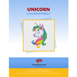 This PDF booklet has a cross-stitched unicorn with a rainbow mane on the cover.