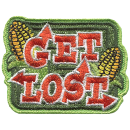 The words Get Lost are in a font made of arrows. Behind them are a corn maze and two ears of corn.