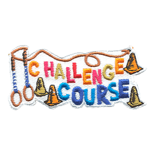 The words ''Challenge Course'' are accompanied by pylons, rings, and rope.