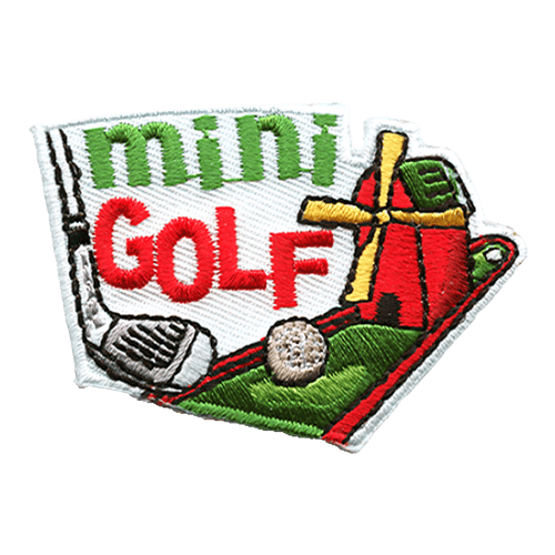 A golf club is ready to swing at a golf ball to hit it into a red windmill. Mini Golf is stitched in the empty space above the golf.