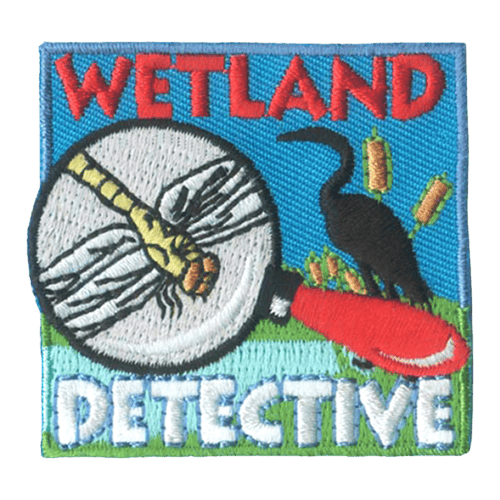 A magnifying glass over a dragonfly is between the words Wetland Detective. The silhouette of a crane is in the background.
