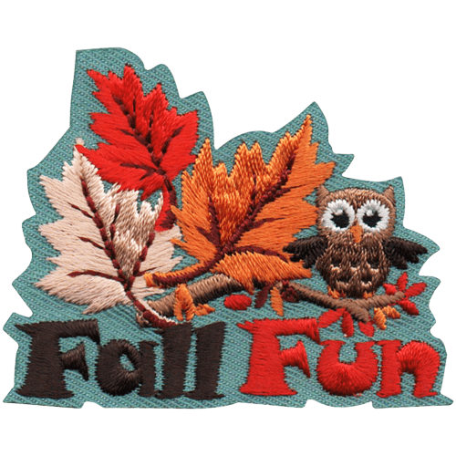 A tiny owl sits on a branch. Fall Fun is embroidered below. Three multicoloured leaves fall in the middle.